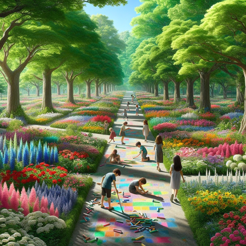 Children drawing with chalk in a sunny park surrounded by trees and flowers.