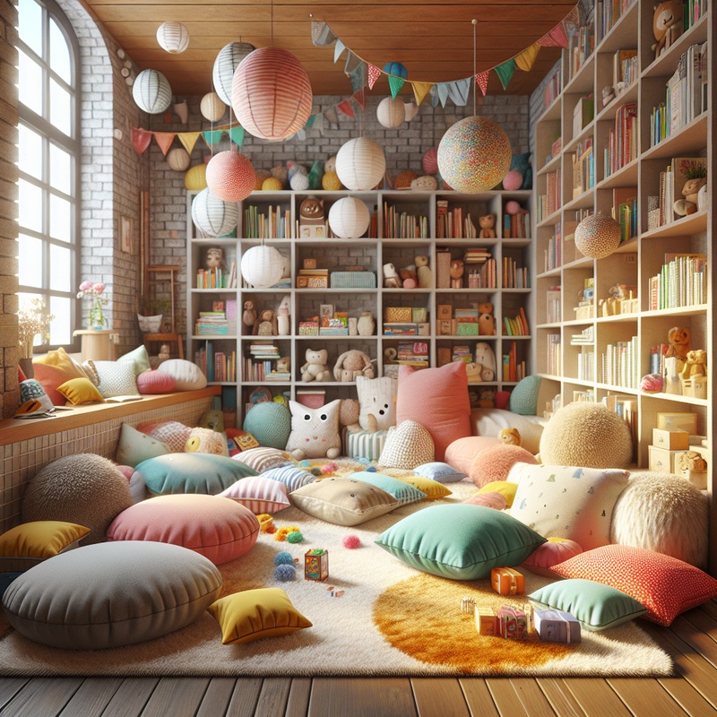 A vibrant reading nook with cushions, bookshelves, and playful decor.