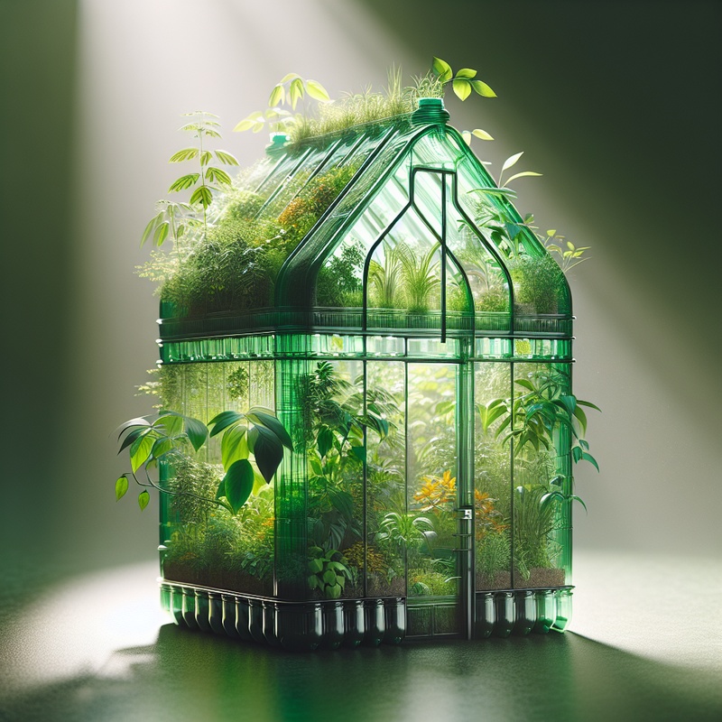 Mini greenhouse made from recycled bottles with plants inside.