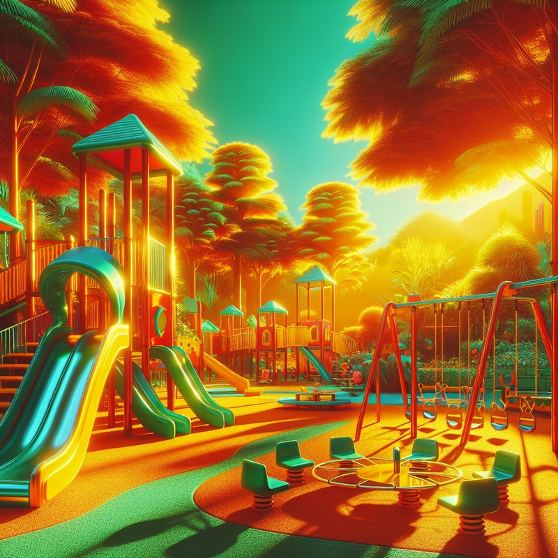 A colorful playground with interactive games and lush greenery.