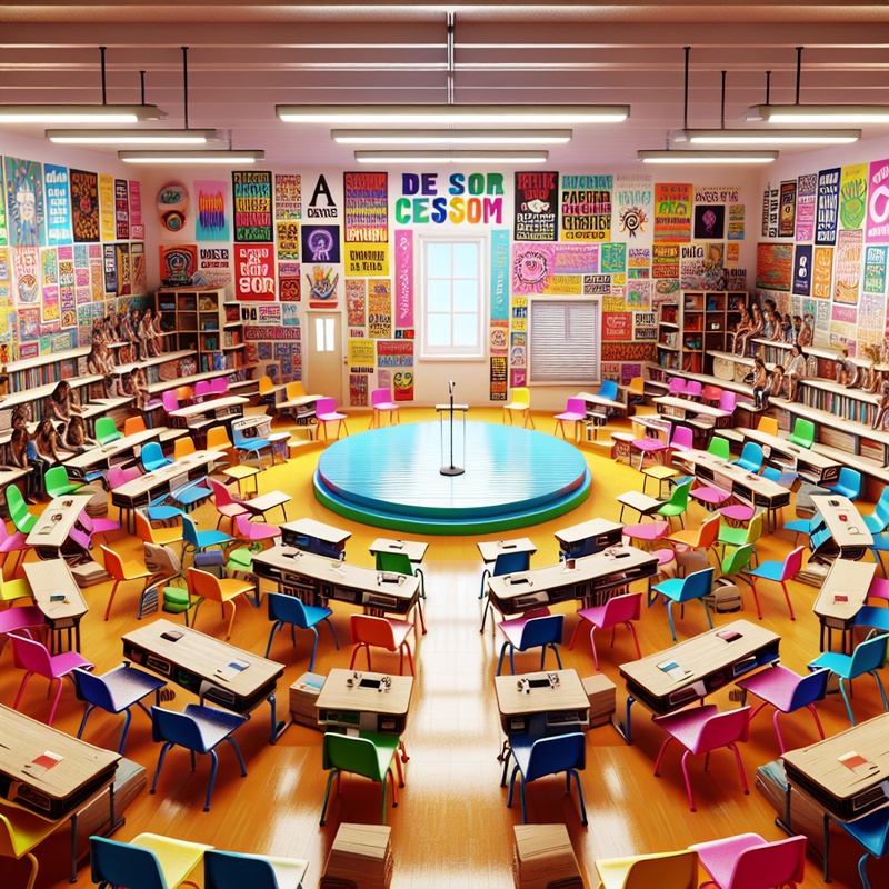 A classroom with motivational posters, chairs in a circle, and a small stage.