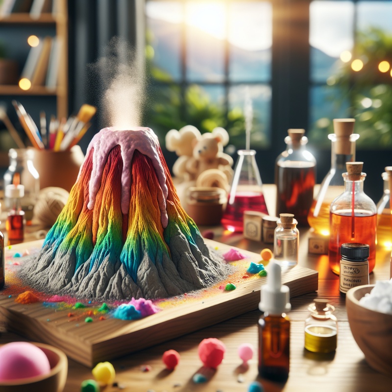 Colorful homemade volcano experiment with baking soda and vinegar on a table.