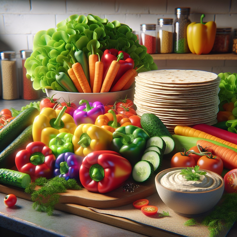 Colorful kitchen setup with ingredients for veggie wraps.
