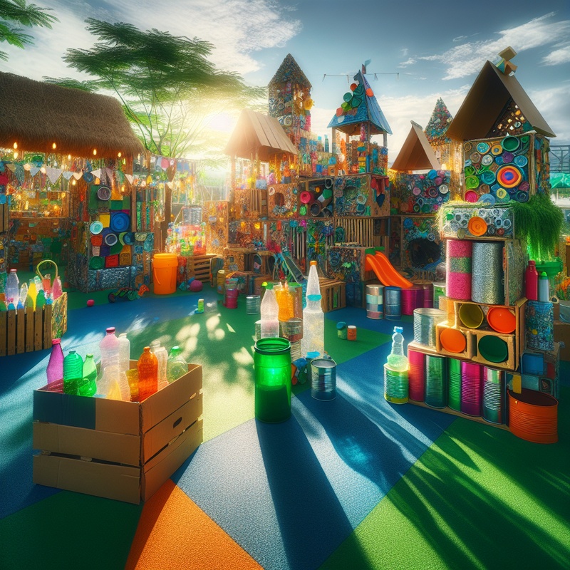 Eco-friendly play area with recycled materials like cardboard forts and plastic bottle crafts.