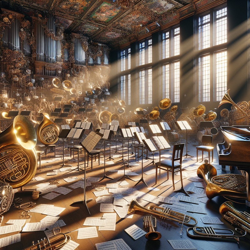 A band room filled with musical instruments and sheet music.