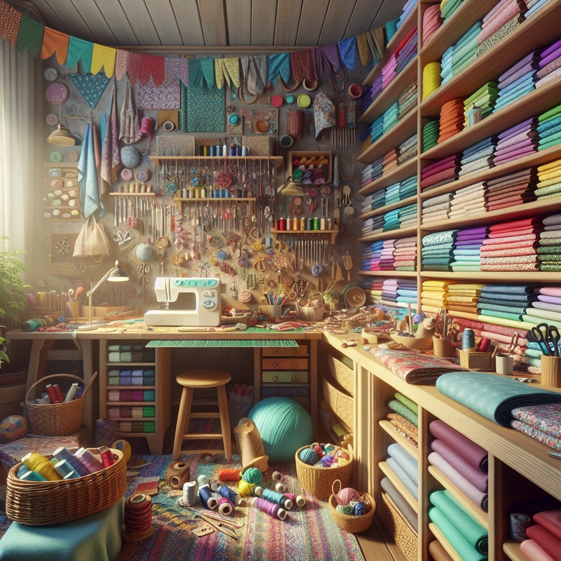 A colorful, organized sewing area with fabrics and tools for children.