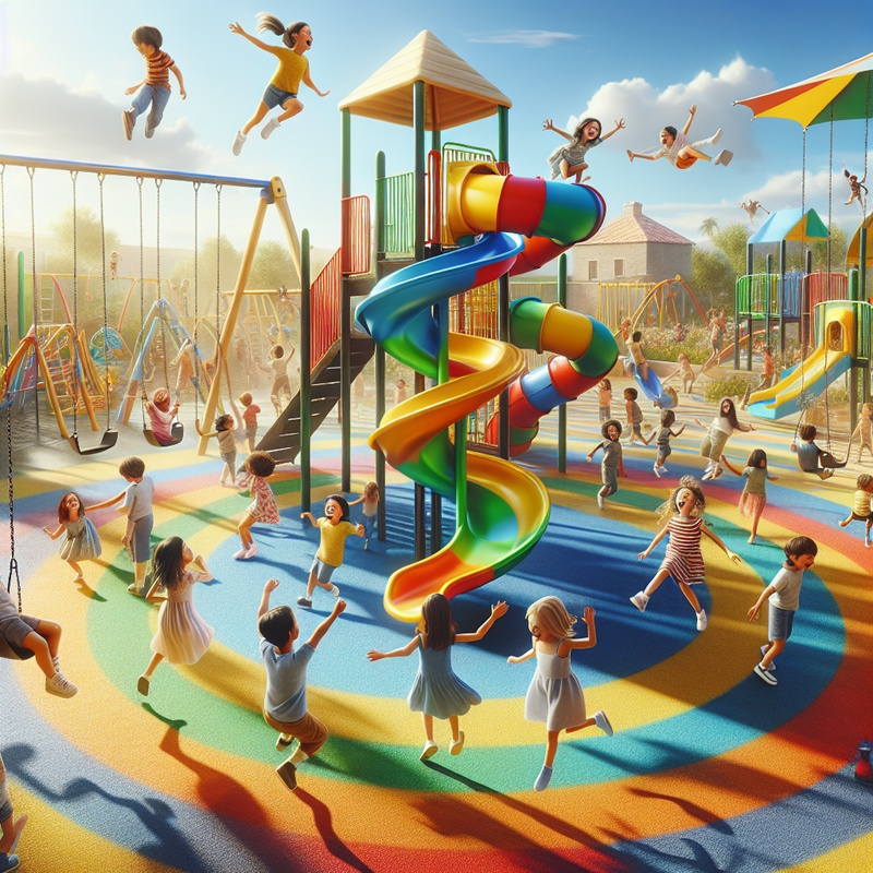 Playground with slides, swings, and children playing.
