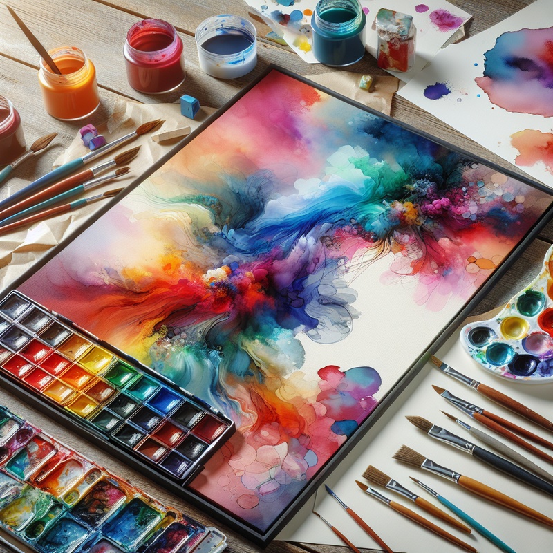 Watercolor painting setup with palette, brushes, and colorful abstract art.