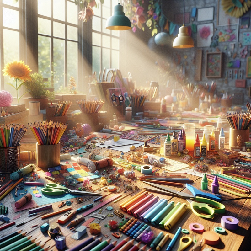 A colorful art and craft workspace with materials like crayons and paper.