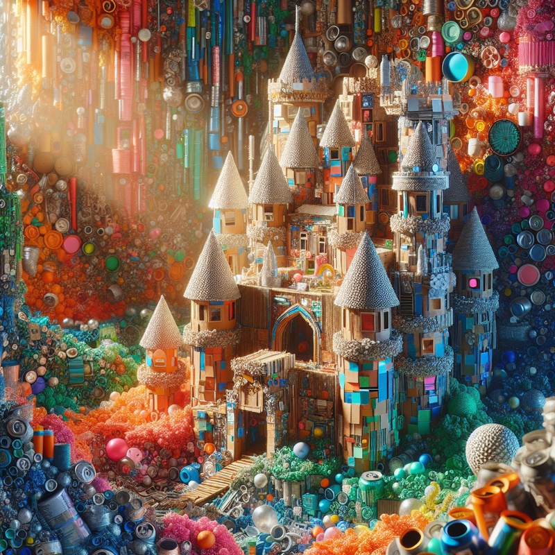 A colorful cardboard castle with recycled materials in natural light.