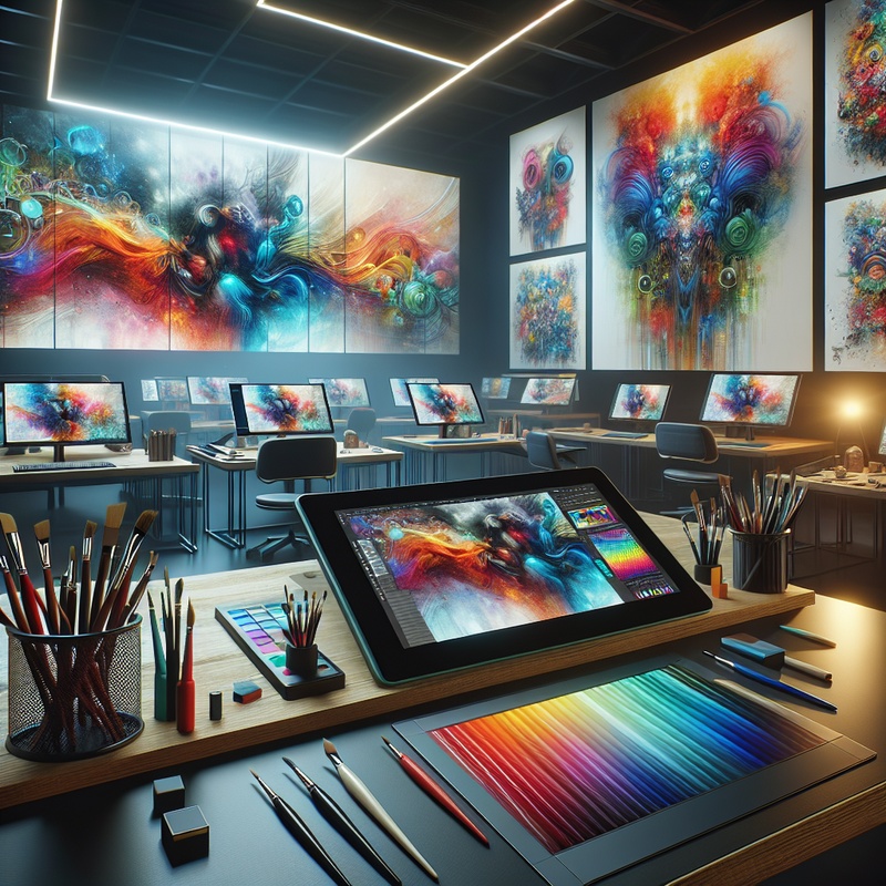 A digital art setup with colorful tools and abstract art on screens.