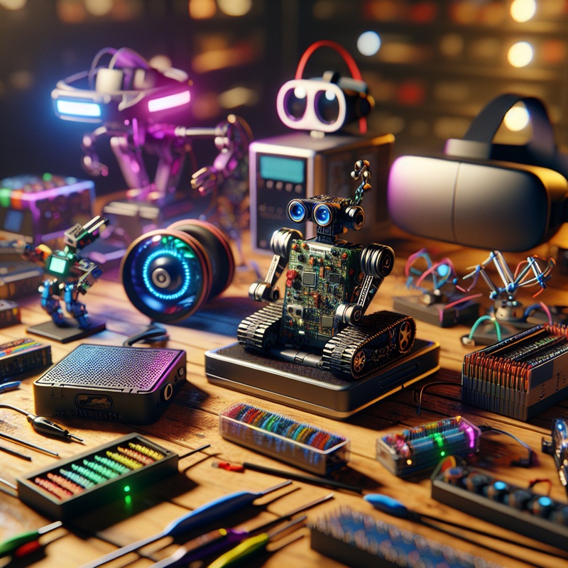 Various tech toys like robotics kits and VR headsets on a table.