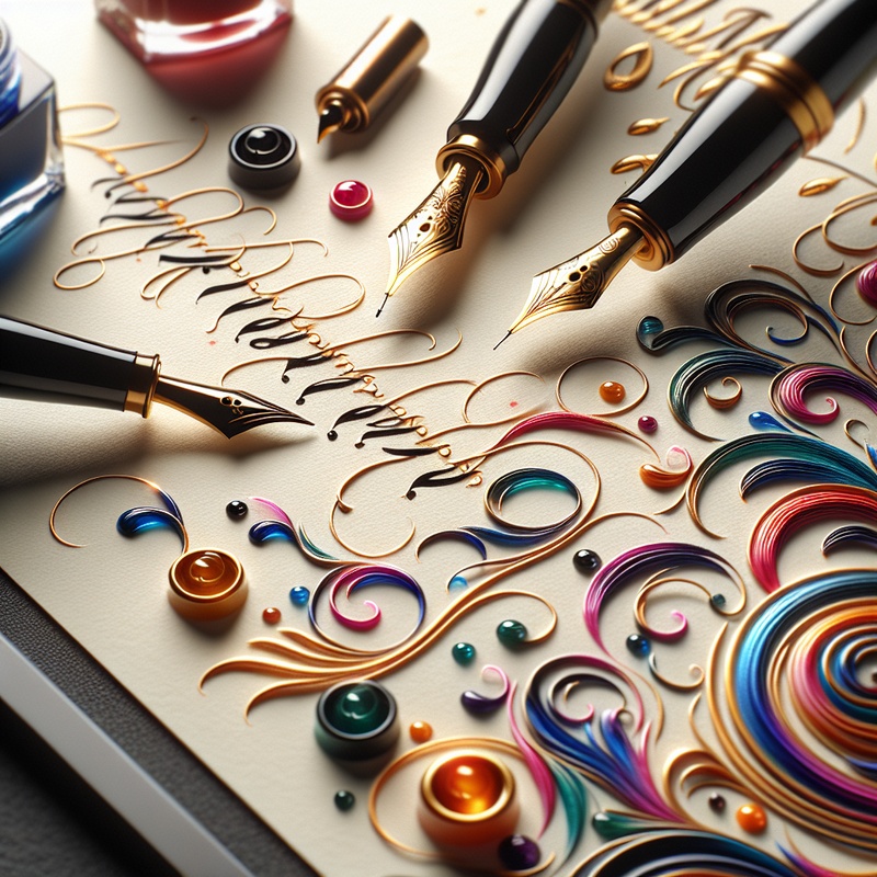 A calligraphy set with colorful inks, pens, and paper.