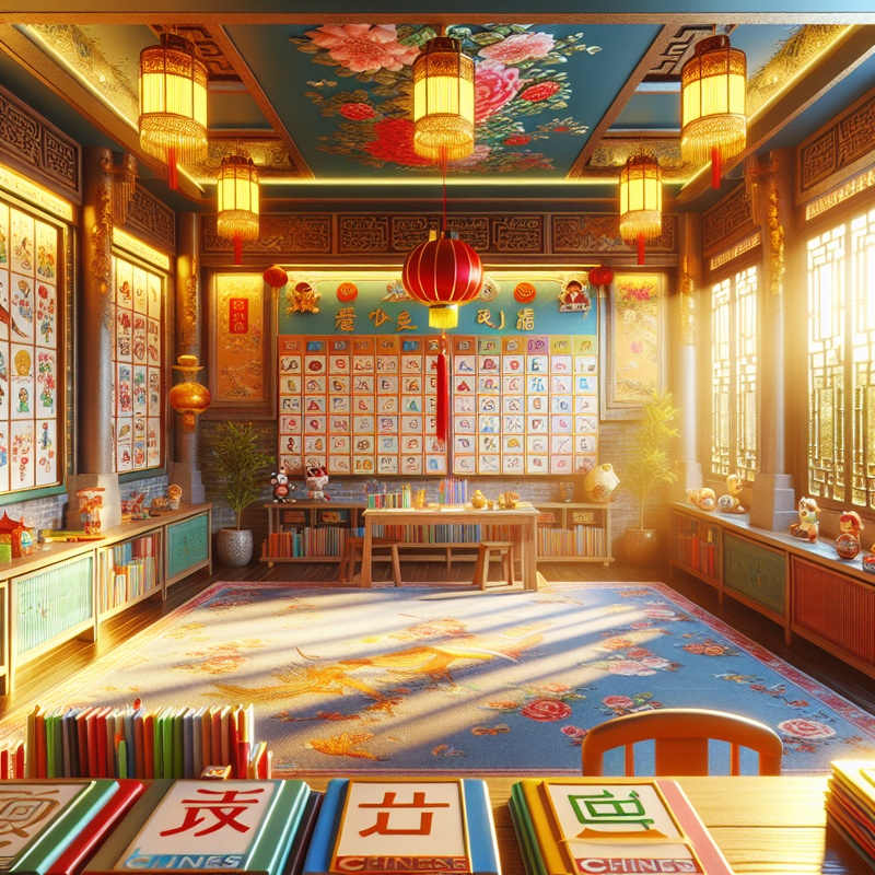 Children's language club room with Chinese learning materials and decorations.