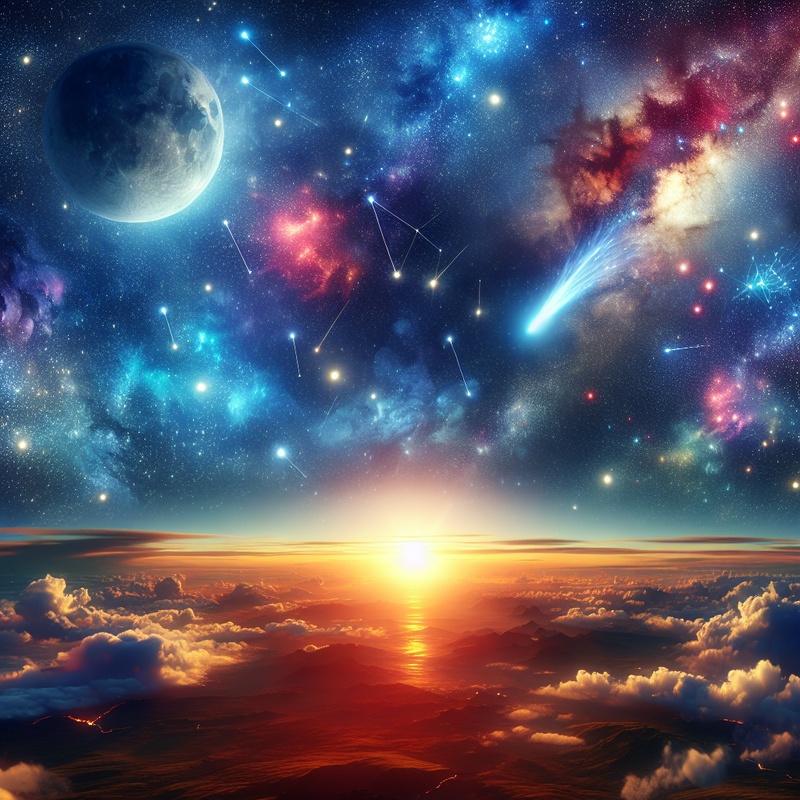 Night sky with constellations, moon, and comet.