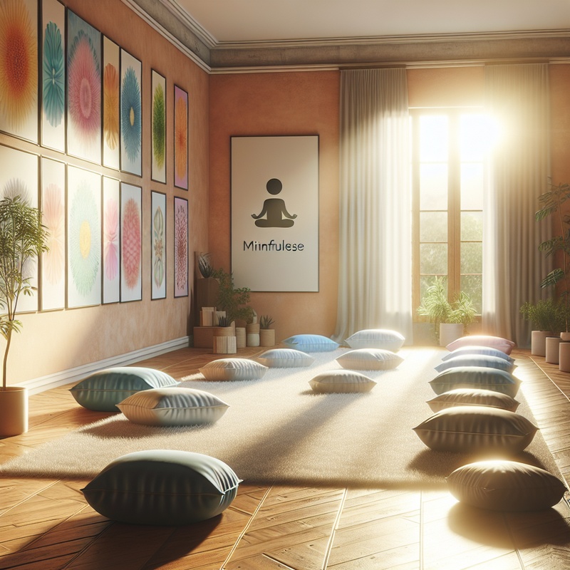 A peaceful room with cushions and colorful decor for mindfulness.