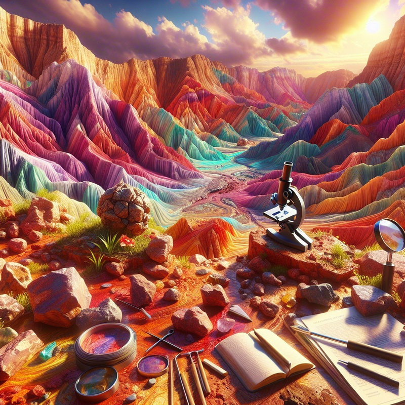 Colorful landscape with rock formations, a mini volcano, and geology tools.