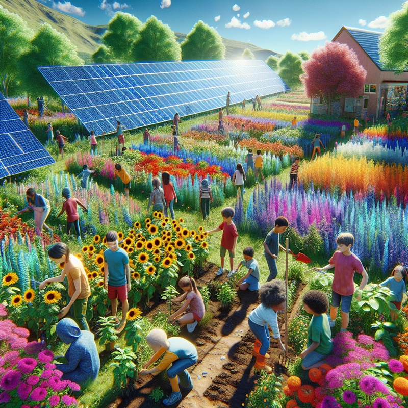 A community garden with flowers, solar panels, and children planting trees.