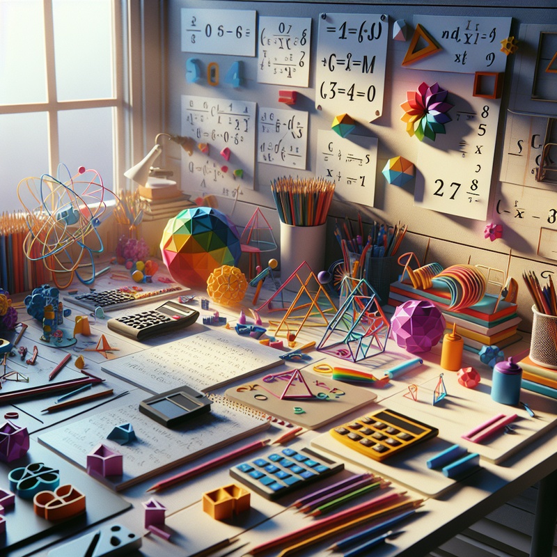 A well-lit workspace with math tools and creative models.