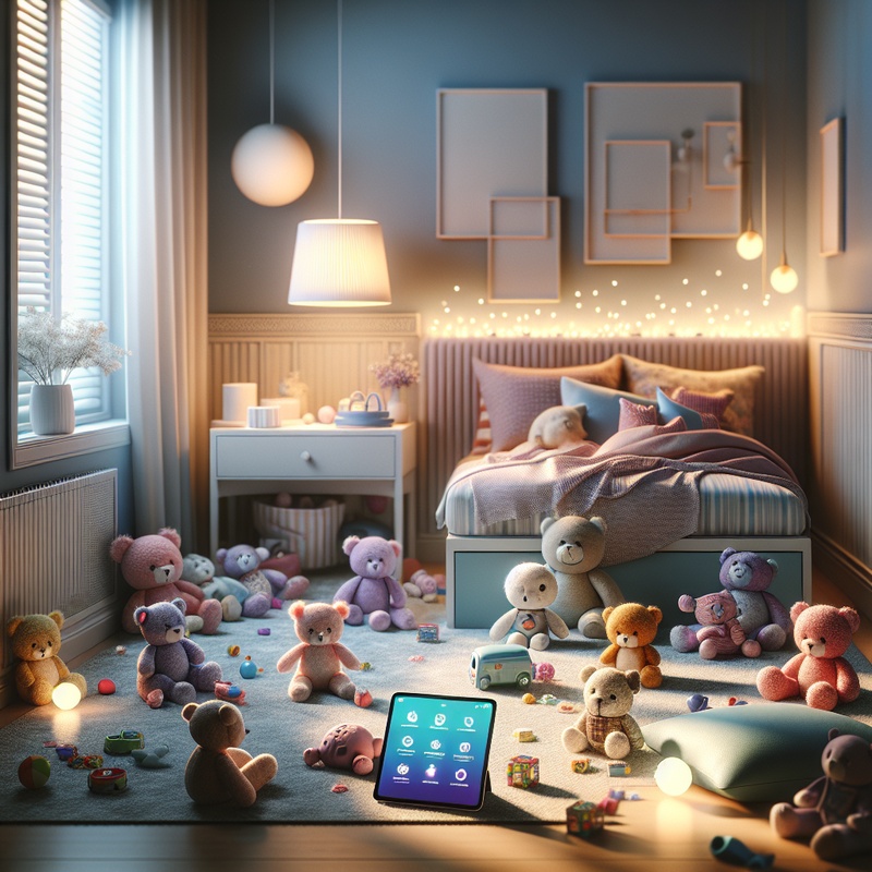 Child's bedroom with nightlight, toys, and tablet showing sleep app.