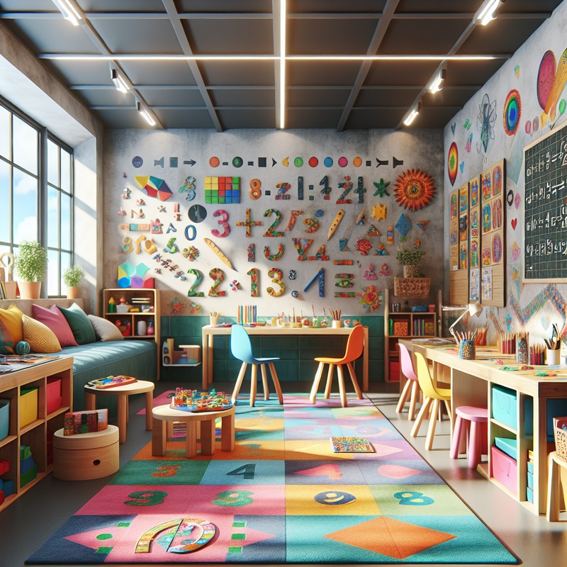 A colorful math learning area with puzzles and educational tools.