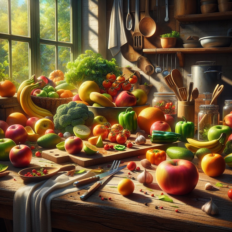 A kitchen countertop with various colorful fruits, vegetables, and cooking tools.