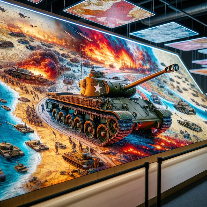 Timeline of World War events with model tanks and maps.