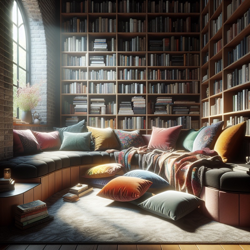 A cozy reading nook with cushions, bookshelves, and warm lighting.
