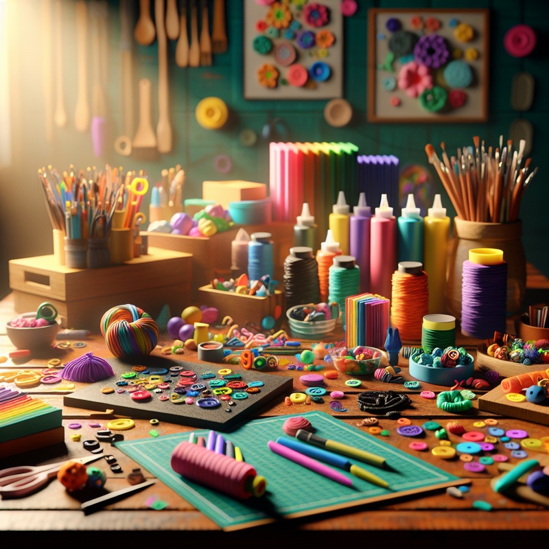 Art workspace with various colorful materials for children's sculpture projects.