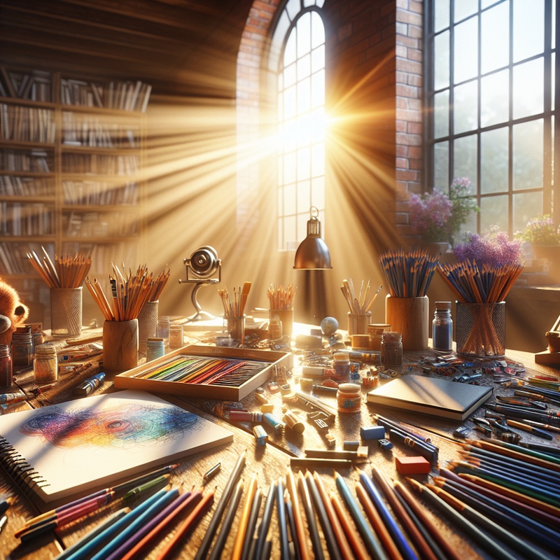 Art studio table with sketchbooks, pencils, and markers in natural light.