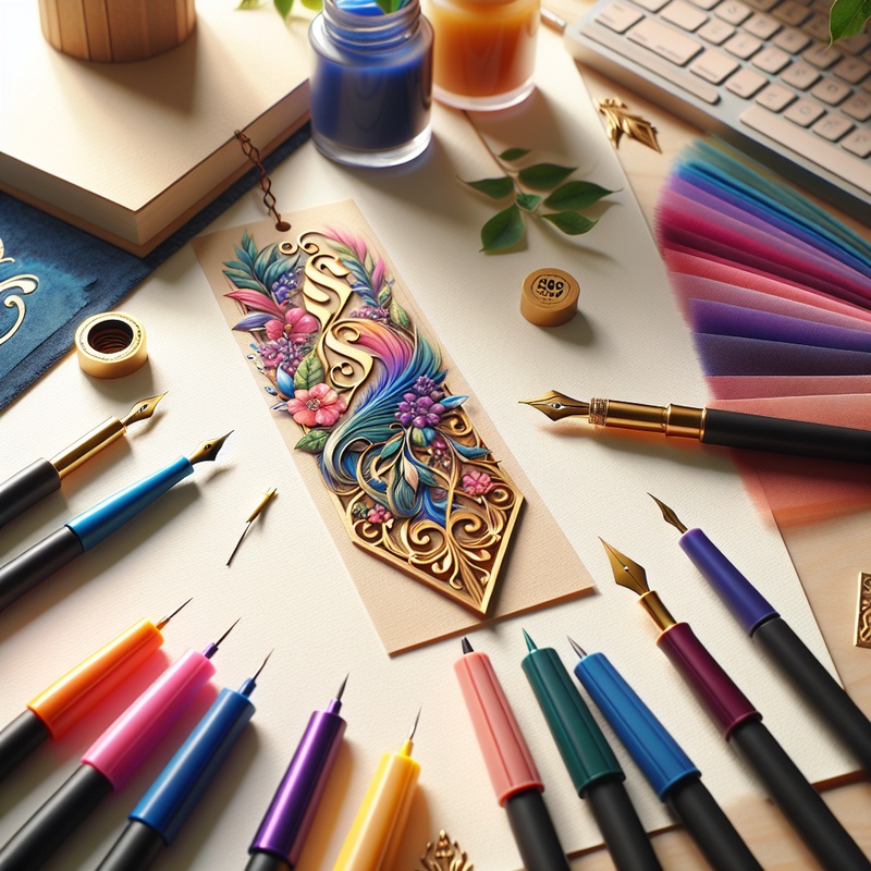 A creative workspace with calligraphy tools and a bookmark in progress.