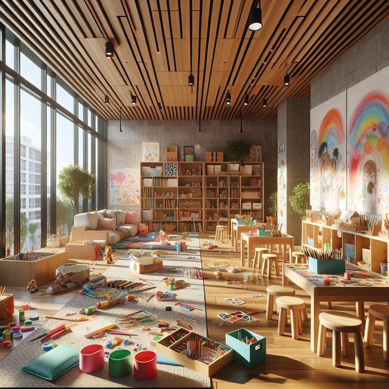 A well-lit art space with colorful art supplies and child-sized furniture.