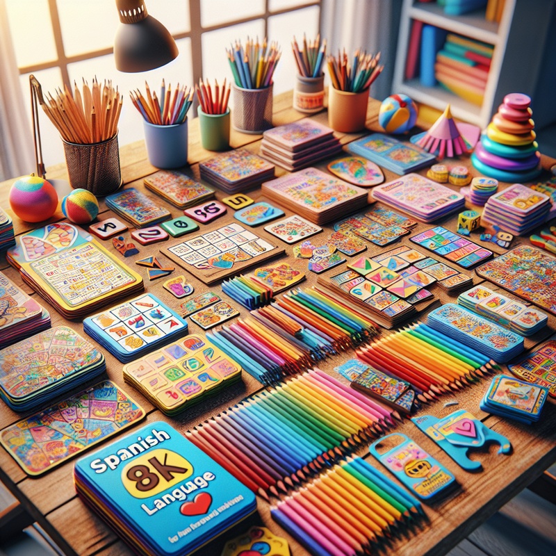 Colorful Spanish language games on a wooden table.