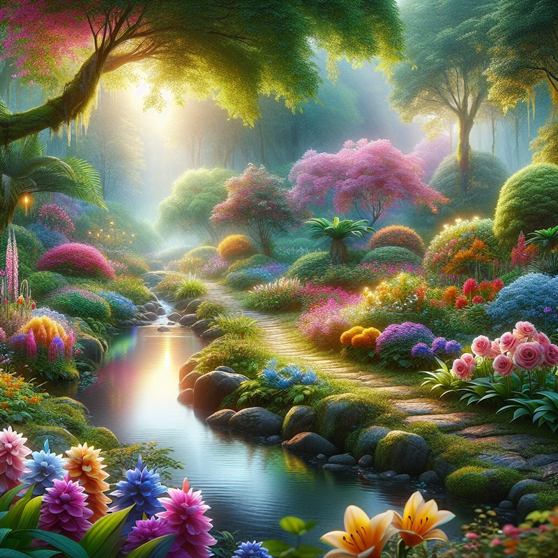A peaceful garden scene with colorful flowers and a small stream under sunlight.