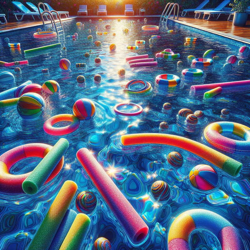 Colorful pool noodles, kickboards, and dive rings in a sunlit pool.