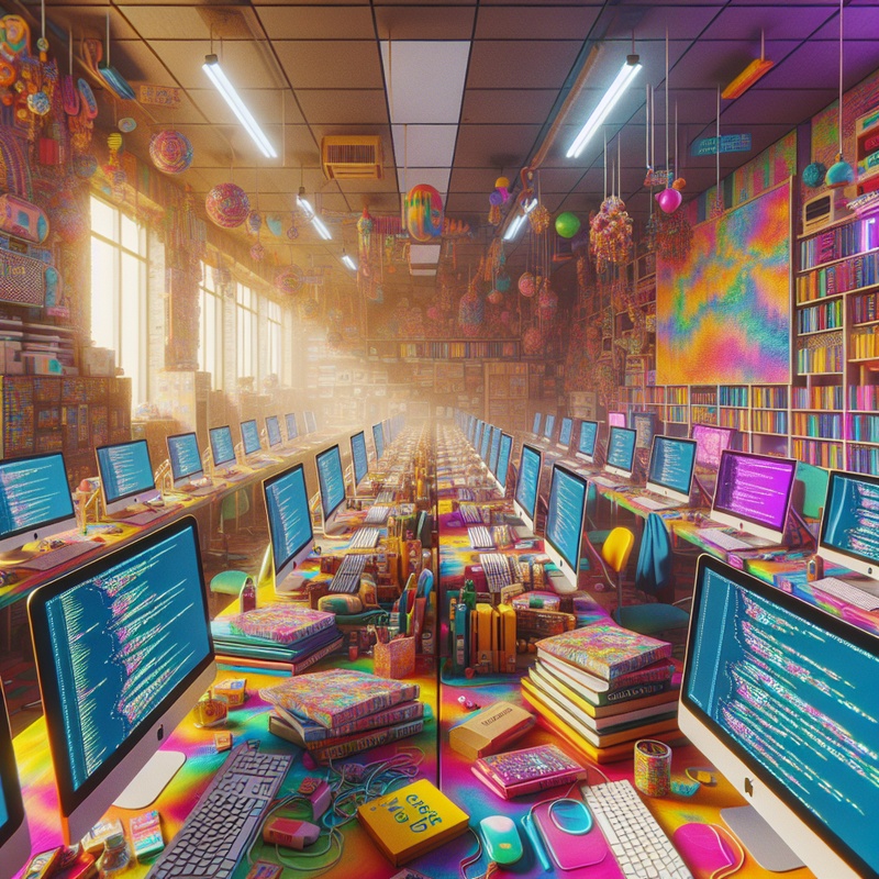 A room with computers and coding materials for kids.