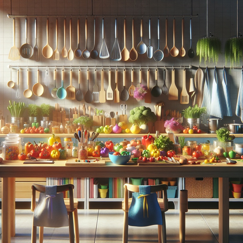 A colorful kitchen setup with child-friendly cooking tools and fresh ingredients.