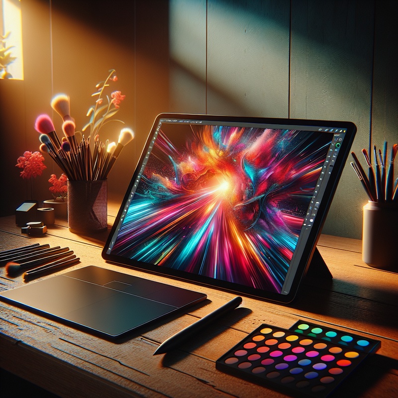 Digital art setup with tablet, stylus, and colorful abstract design on screen.