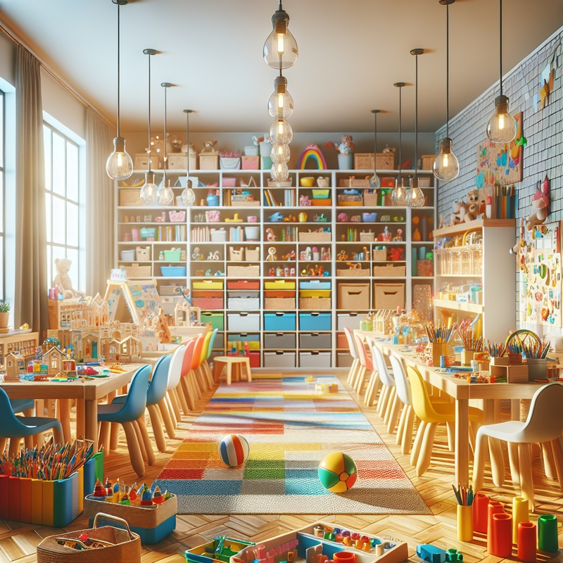 A playroom with art supplies, blocks, and toys in natural light.