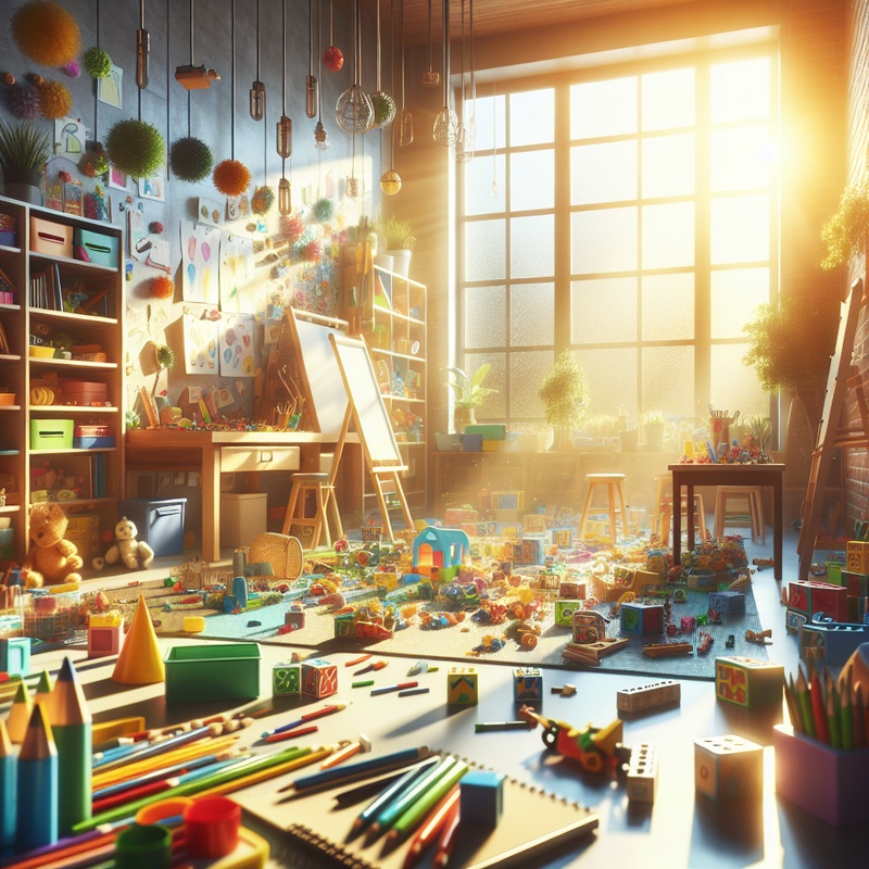 A colorful playroom with toys and art supplies in natural light.