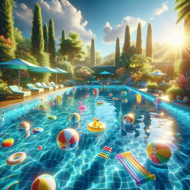 A clear swimming pool with pool toys and greenery under a sunny sky.