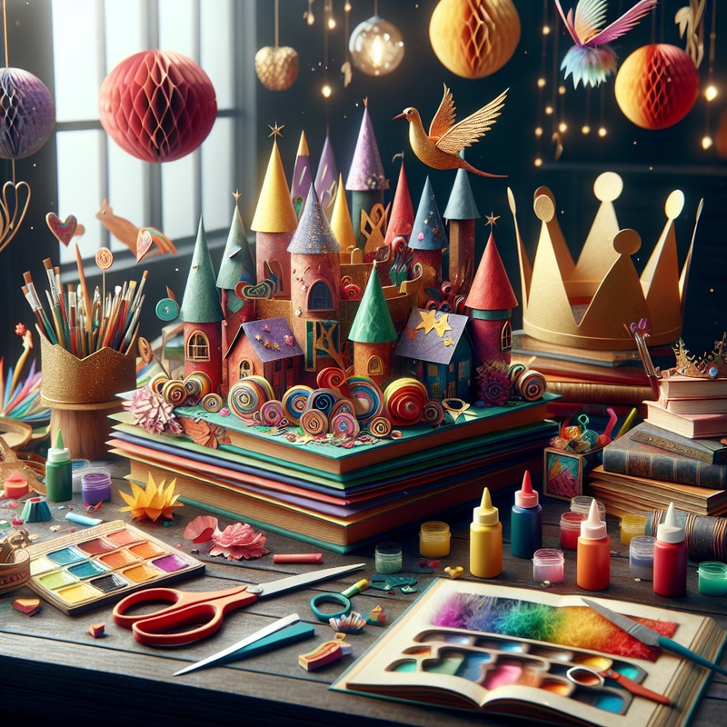 Craft table with colorful supplies and storytelling props.