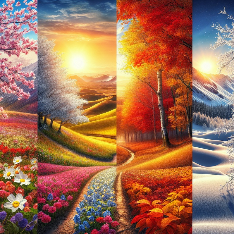 A landscape depicting spring flowers, summer fields, autumn leaves, and winter snow.