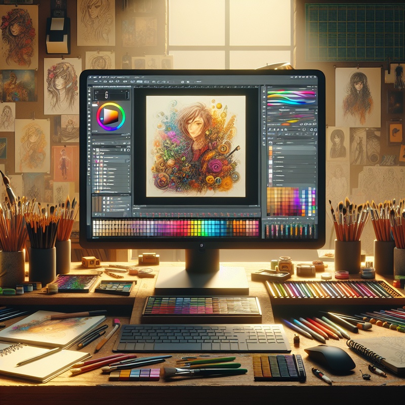 Digital art workspace with colorful tools and a creative ambiance.