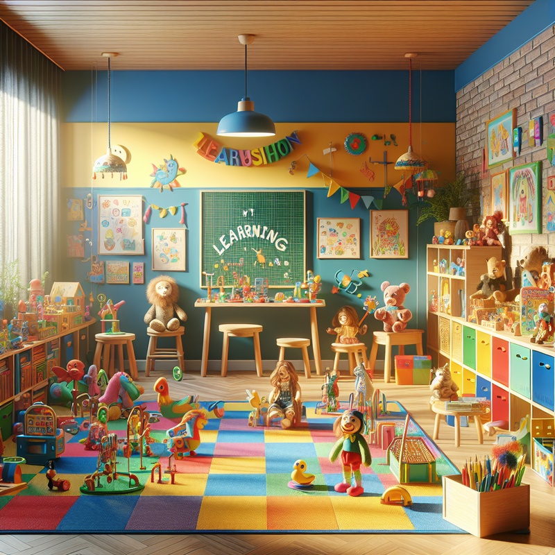 A colorful playroom with educational toys and books in natural light.