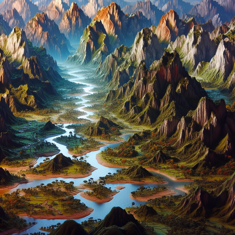 A detailed miniature landscape model with mountains, rivers, and vegetation.