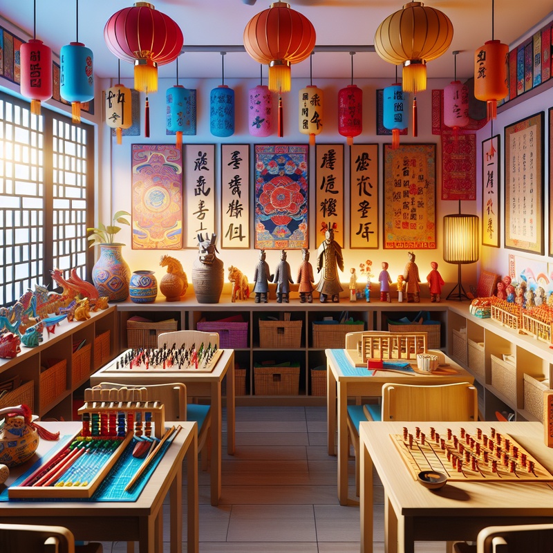 A classroom with Chinese cultural items and educational games.