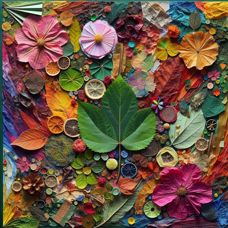 Collage with leaves, tissue paper, and fabric on canvas.