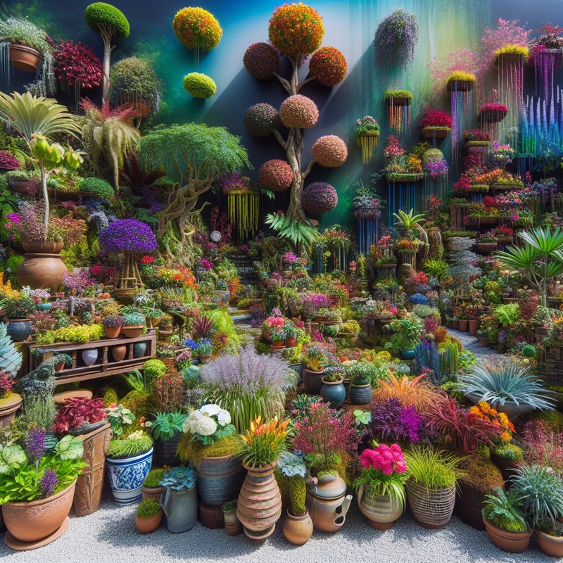 A garden with plants in recycled containers, decorated creatively.
