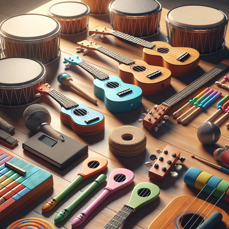 Various children's musical instruments like ukuleles and recorders on a table.